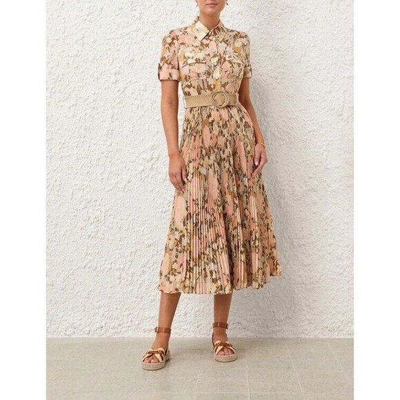 Zimmermann Pop Pleated Belted Midi Shirt Dress SS24 - Gold/Peach Floral $950 - Picture 2 of 9